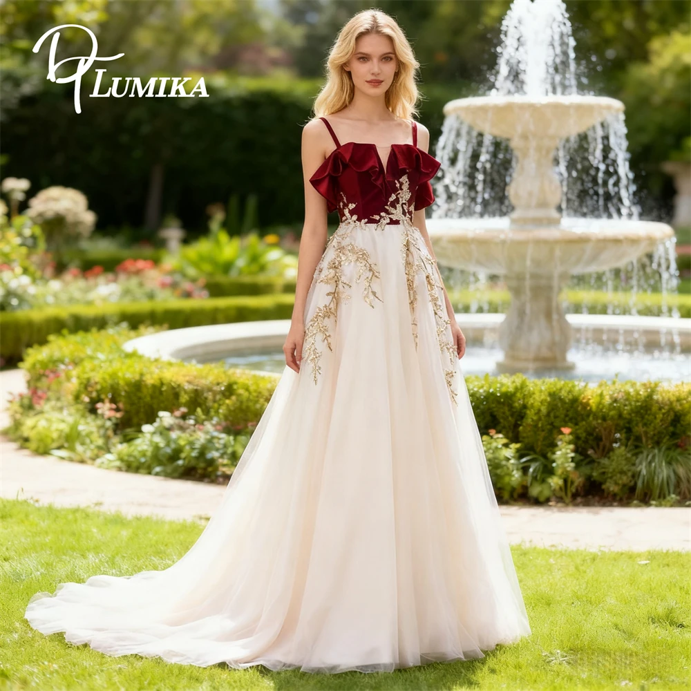 

DTLumika Romantic A Line Evening Dresses Lace Appliques Spaghetti Straps Prom Dress 2025 Customized Actual Photo Formal Gown