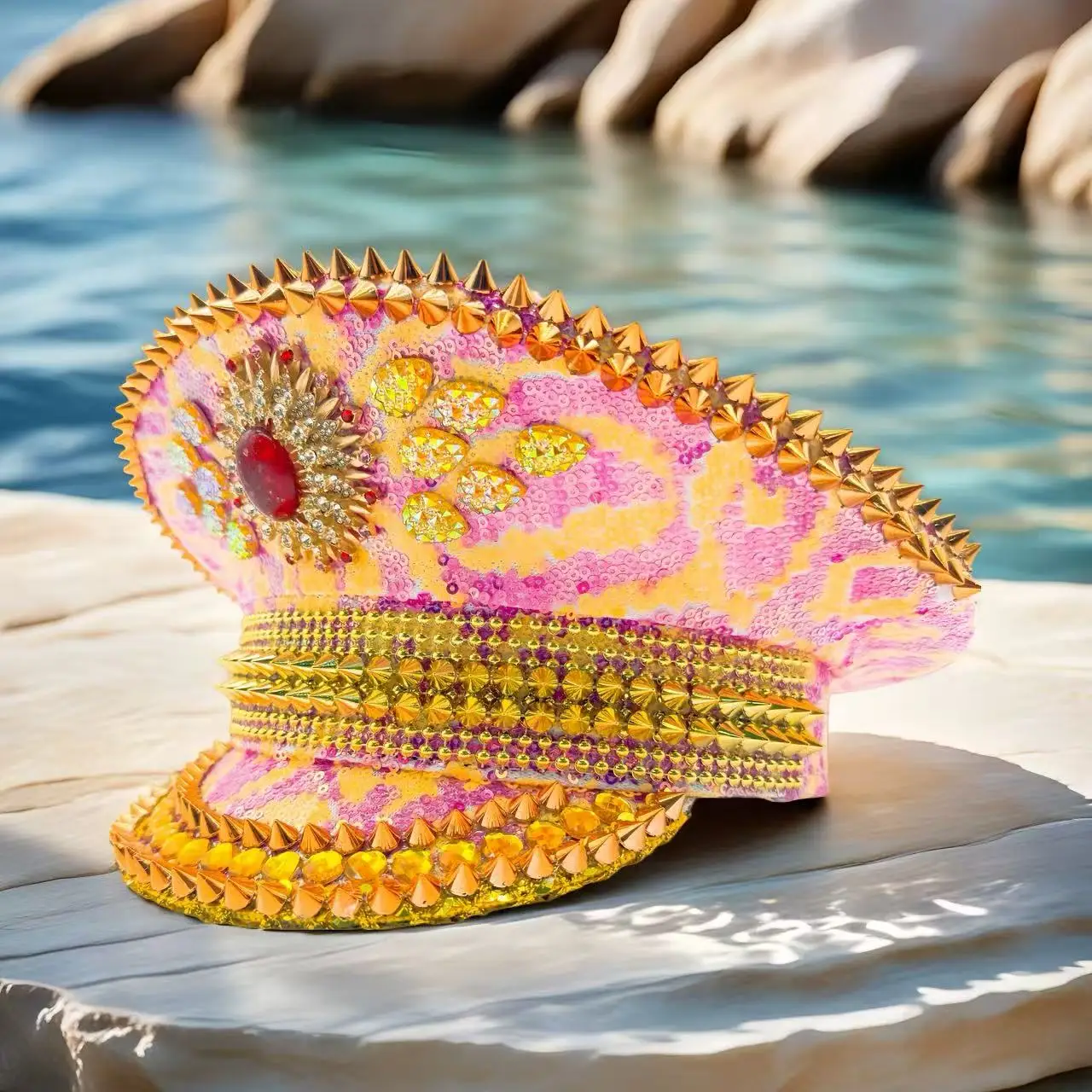 홍루안 옐로우 레이저 가죽 루프 캡틴 모자, 여성용 라인스톤 & 밀리터리 캡, 레이브 페스티벌 액세서리 & 파티 캡 남성용