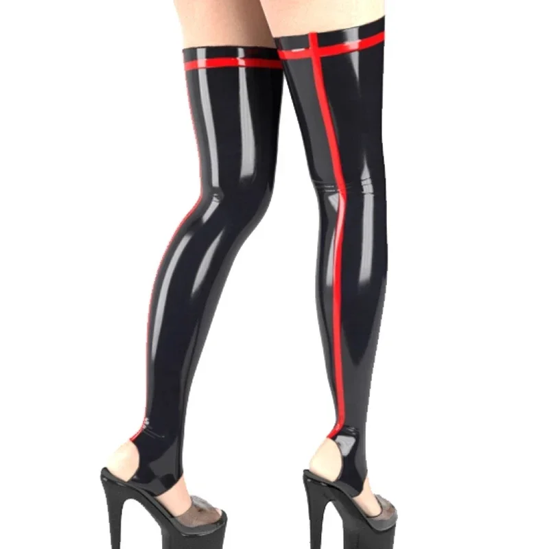 Latex Rubber Gummi Stocking Red with Black Trims Thigh-highs Socks Over Knee Customized 0.4mm Catsuit for Women