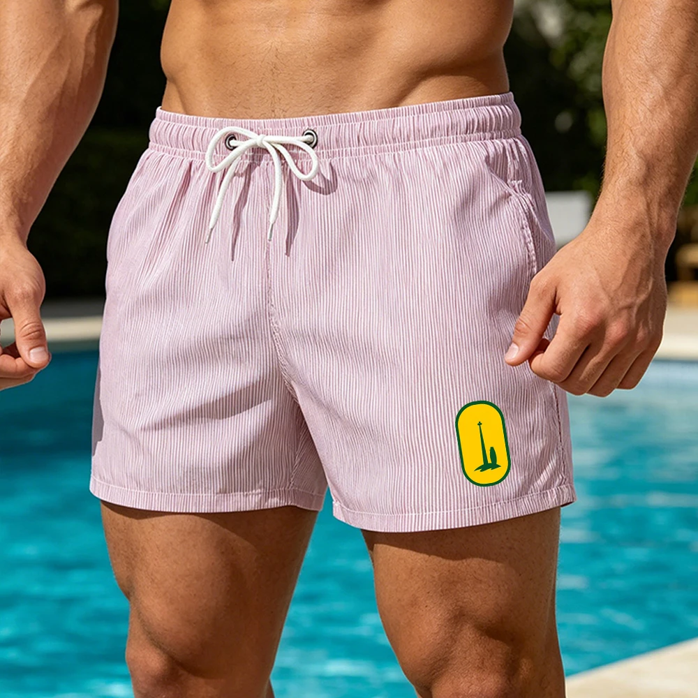 

Summer Men's Quick Dry Stripe Swim Shorts Minimalist Badge Print Elastic Waist Drawstring Casual Beachwear with Side Pockets