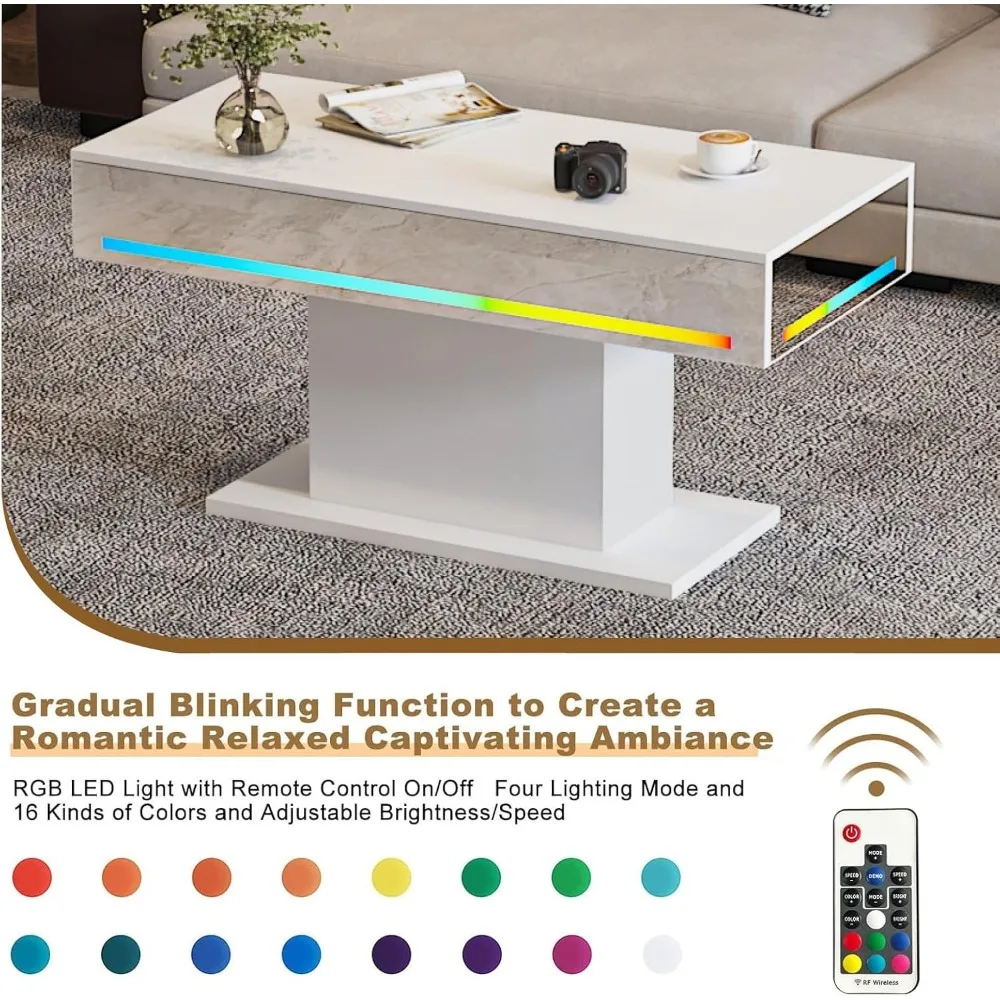 Modern Rectangular LED Coffee Table for Living Room with 16 Color Options, Wooden Center Table for Contemporary Style