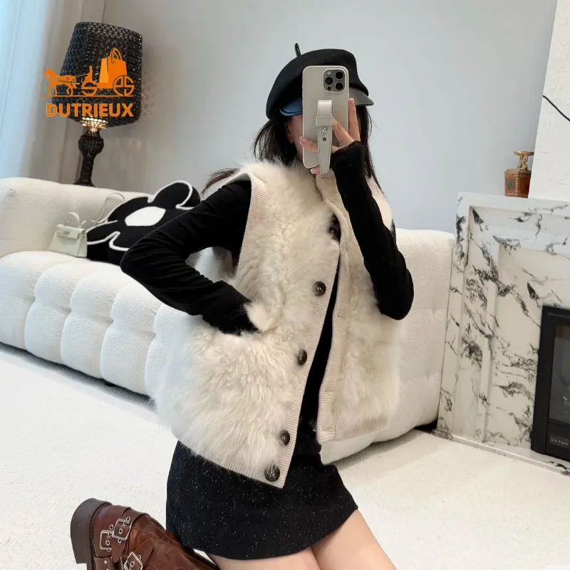 24 Winter New Fur Vest Women, Short Simple and Elegant Cashmere Fur Stitching Cashmere Knitted Fur Vest Jacket Coat Women Party