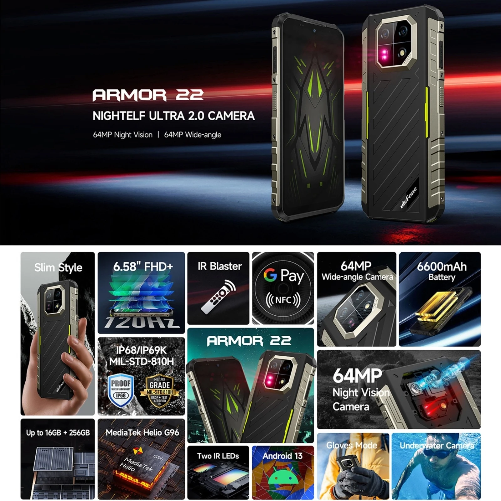 Ulefone Armor 22 Rugged Phone 6600mAh 6.58'' Android 13 8GB+128GB 256GB Helio G96 Octa Core 64MP Rear Camera 4G NFC Smartphone