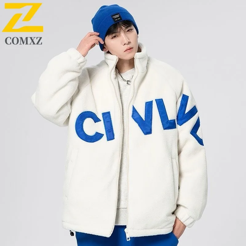 

COMXZ Men Fleece Jacket Stand Collar Thickened Style Ski Trip Warm Snow Adventure Winter Jacket Street Look Design Padding Coat