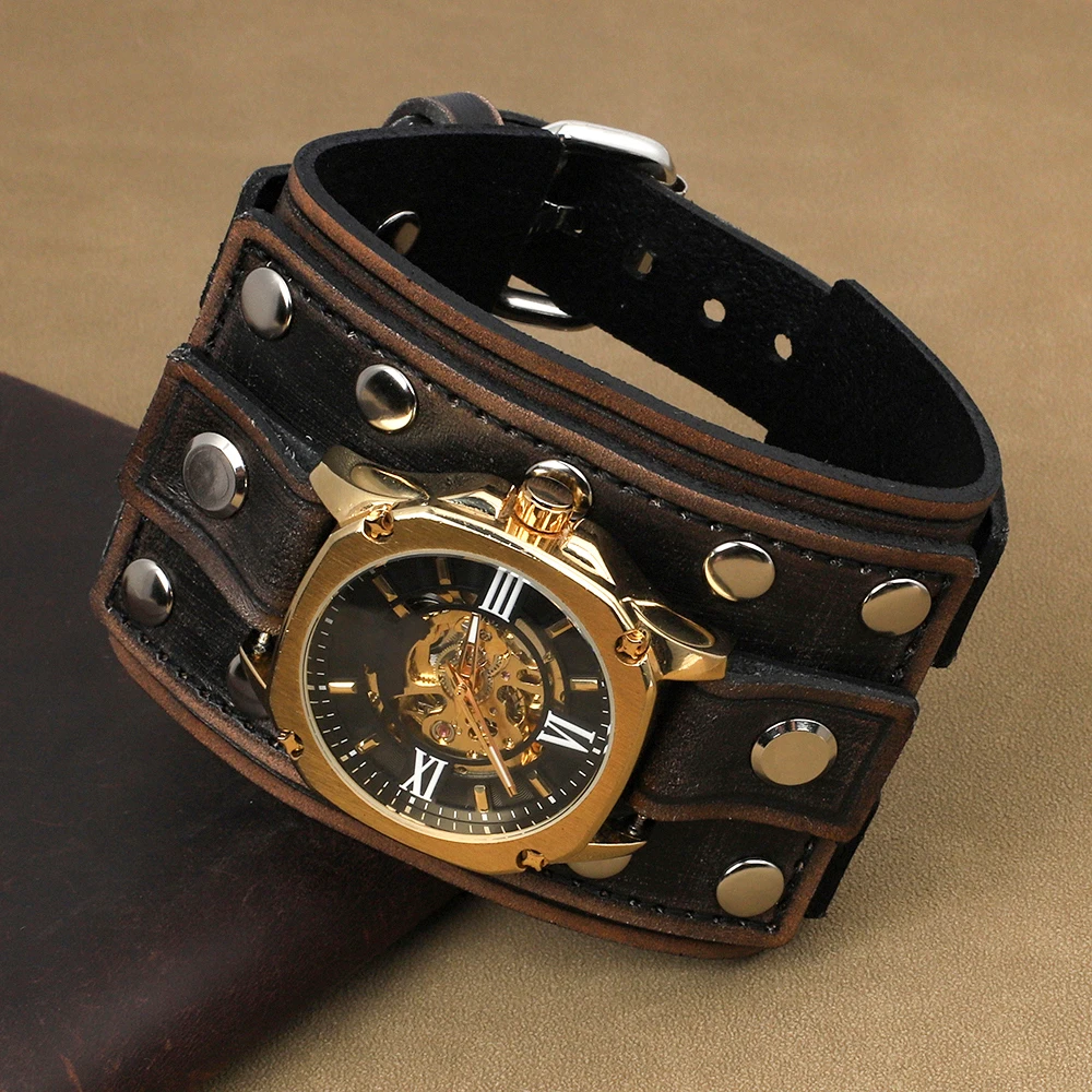 Mens Retro Leather Bund Watch Strap 20mm Black Coffee Wide Leather Bracelet Cuff Watch Strap Steampunk Rock Rivet Watch Band
