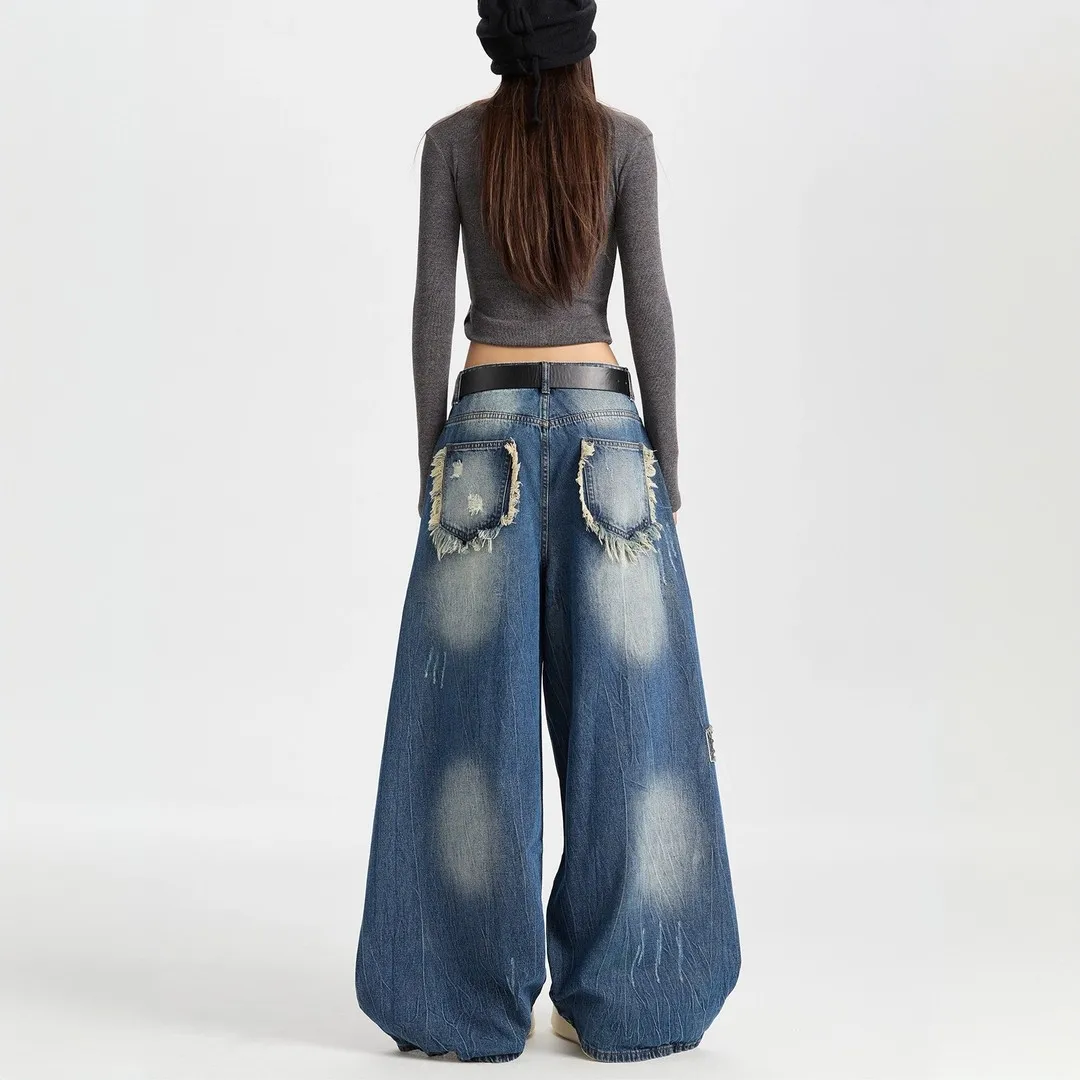 Women's Loose Wide Leg Jeans, Distressed Denim Pants, American Style, Slim Fit, Long Trousers, New Fashion, Autumn, Y2k