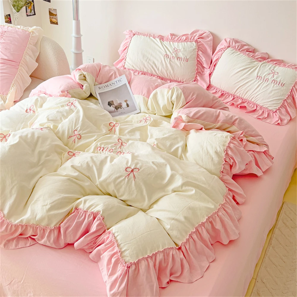 Pink Princess Style Bedding Set Ruffle Bed Covers Queen Washed Quilt Cover Bed Sheet Pillowcase Bedroom Decor Duvet Cover Set