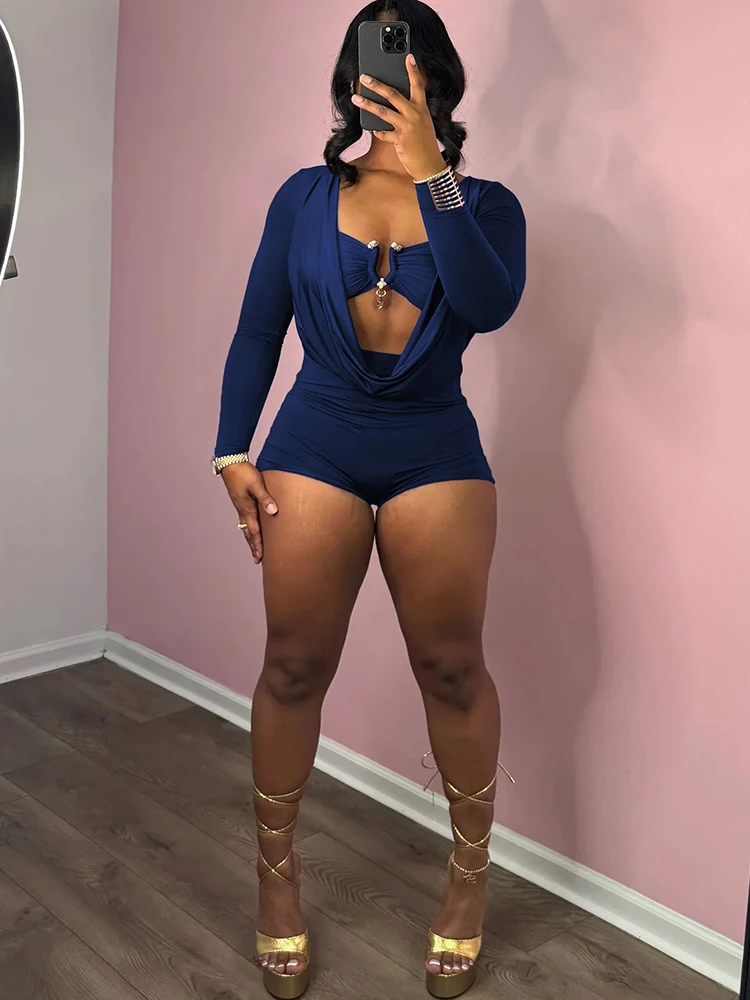 Sisterlinda Playsuits mit schwingendem Ausschnitt für Damen, einfarbig, mit Metalleinsatz, Ausschnitt, volle Ärmel, Stretch, sexy, schmal geschnitten, schick, trendige Clubwear – Detail 30