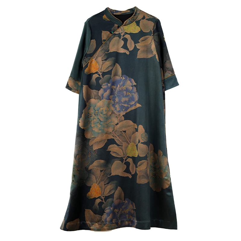 Women Black Print Natural Silk Midi Dress Summer Short Sleeve Elegant Loose Casaul Dress 2024 Korean Vintage Hepburn Vestidos