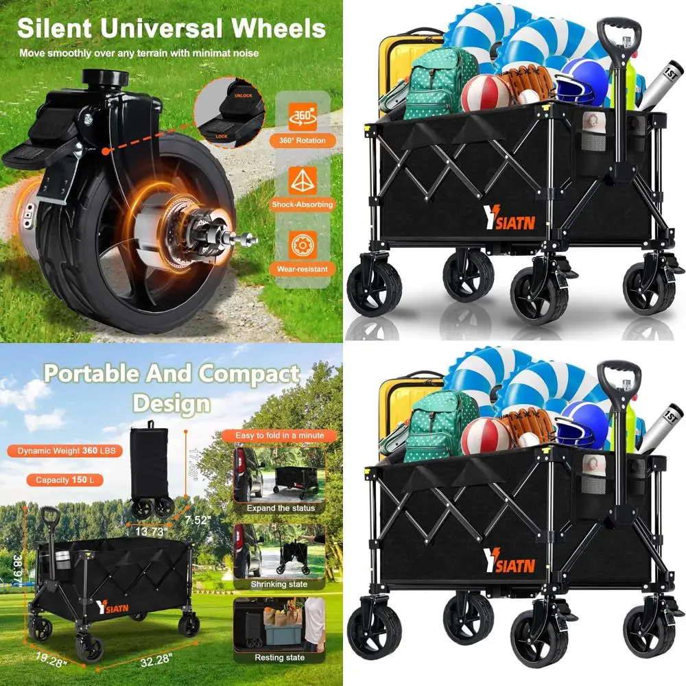 

All-Terrain Folding Utility Wagon with Large 150L Capacity for Shopping, Beach, and Sports - Black