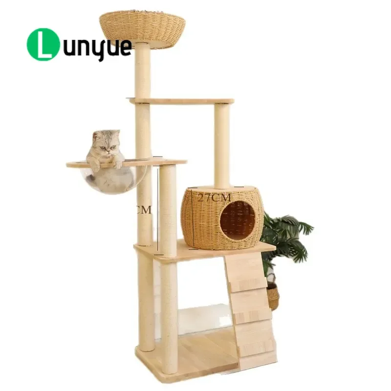 Large Solid Wood Cat Tree with Space Capsule Nest Rattan Sisal Scratching Board Integrated Climbing Frame Furniture for Fat