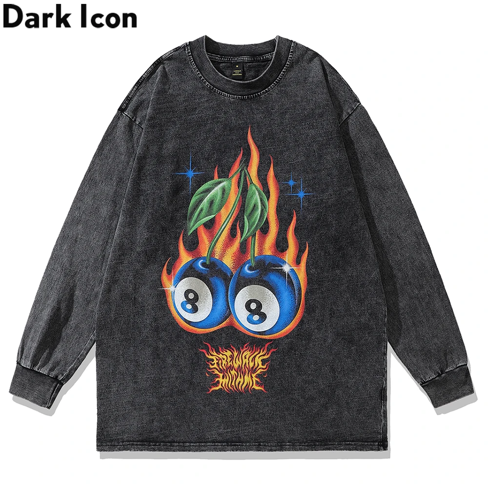 

Dark Icon Flame Blue Cherry Washed Cotton O-neck Men's T-shirt Long Sleeve Man Clothing