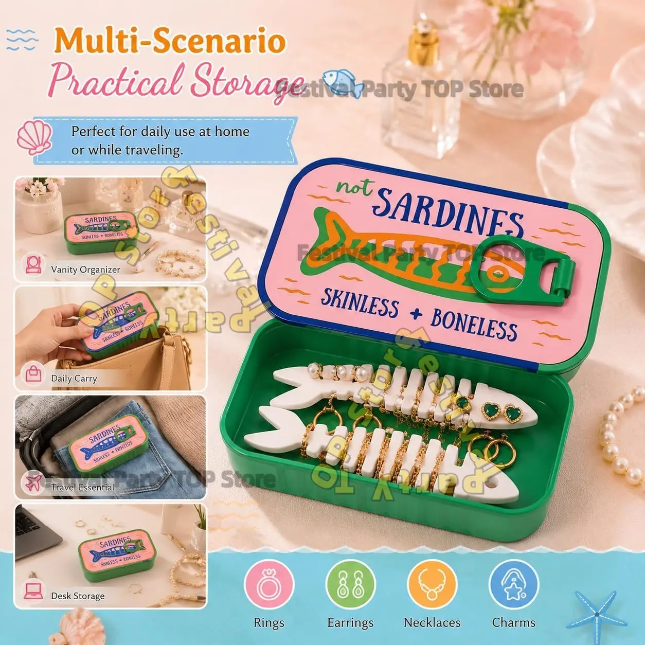 2026 New Sardine Print Mini Tin Storage Box Portable Jewelry Earbuds Pill Coin Organizer Case for Travel Handbag Desk