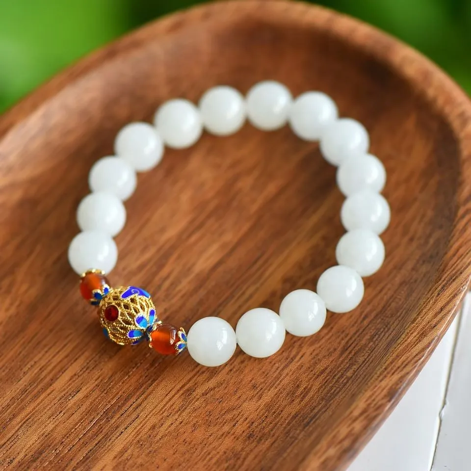 Natural Nephrite White Jade Bracelets Men Women Fine Jewelry Genuine Chinese Hetian Jade Colored Enamel Hollow Beads Bracelet