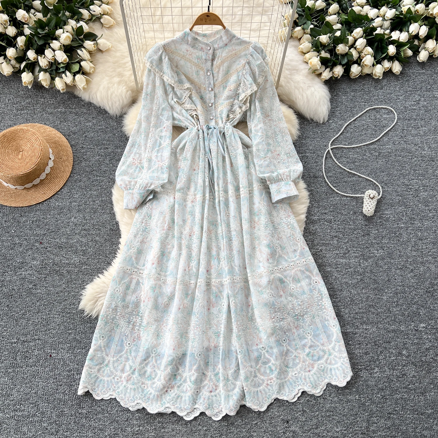 Elegant Long Sleeves Vintage O-neck Hollow Out Embroidered Slim Long Dresses French Evening High Street Autumn Winter Clothing