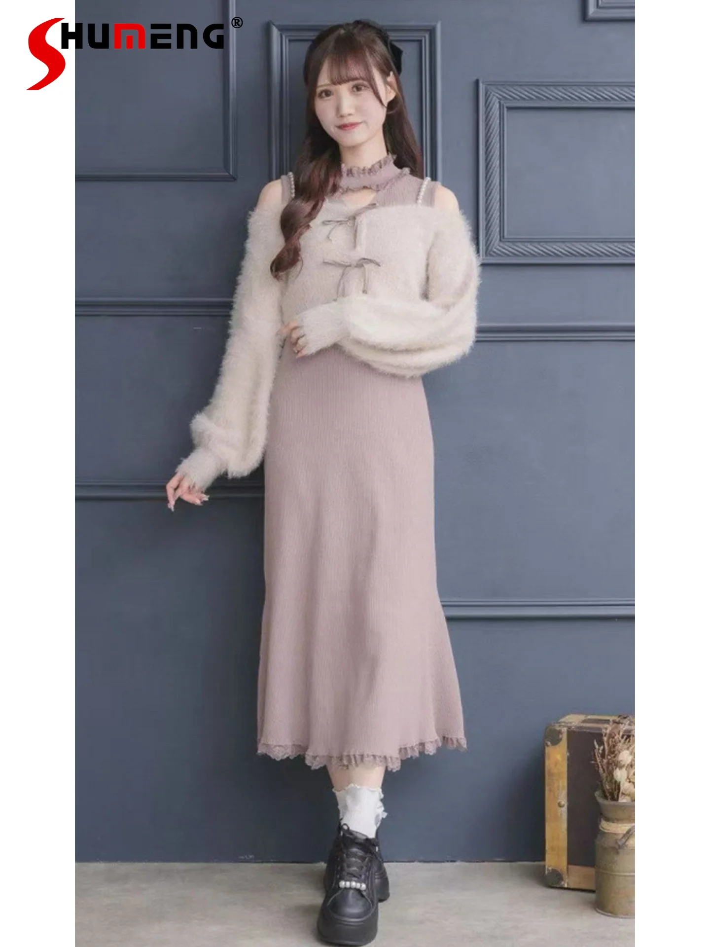 

Japanese Style Elegant Sweet Pearl Beaded Off-Shoulder Long Sleeve Cardigan Ruffled Heart Hollow Slim Long Dress Sets for Women