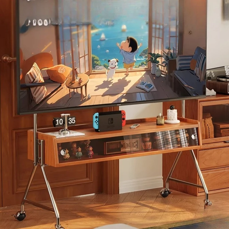 

Solid wood TV, mobile bracket 2025 new small apartment floor-to-ceiling living room monitor rack