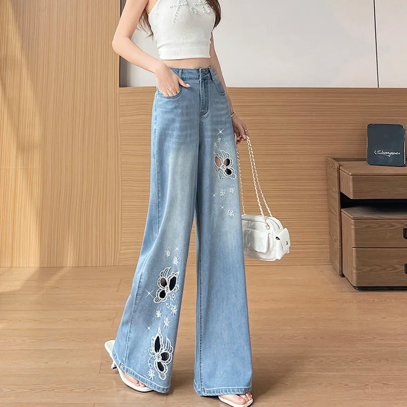 New Women's Hollow Out Embroidered Straight Jeans Fashion Retro High Waist Denim Pants Loose Casual Wide Leg Trousers