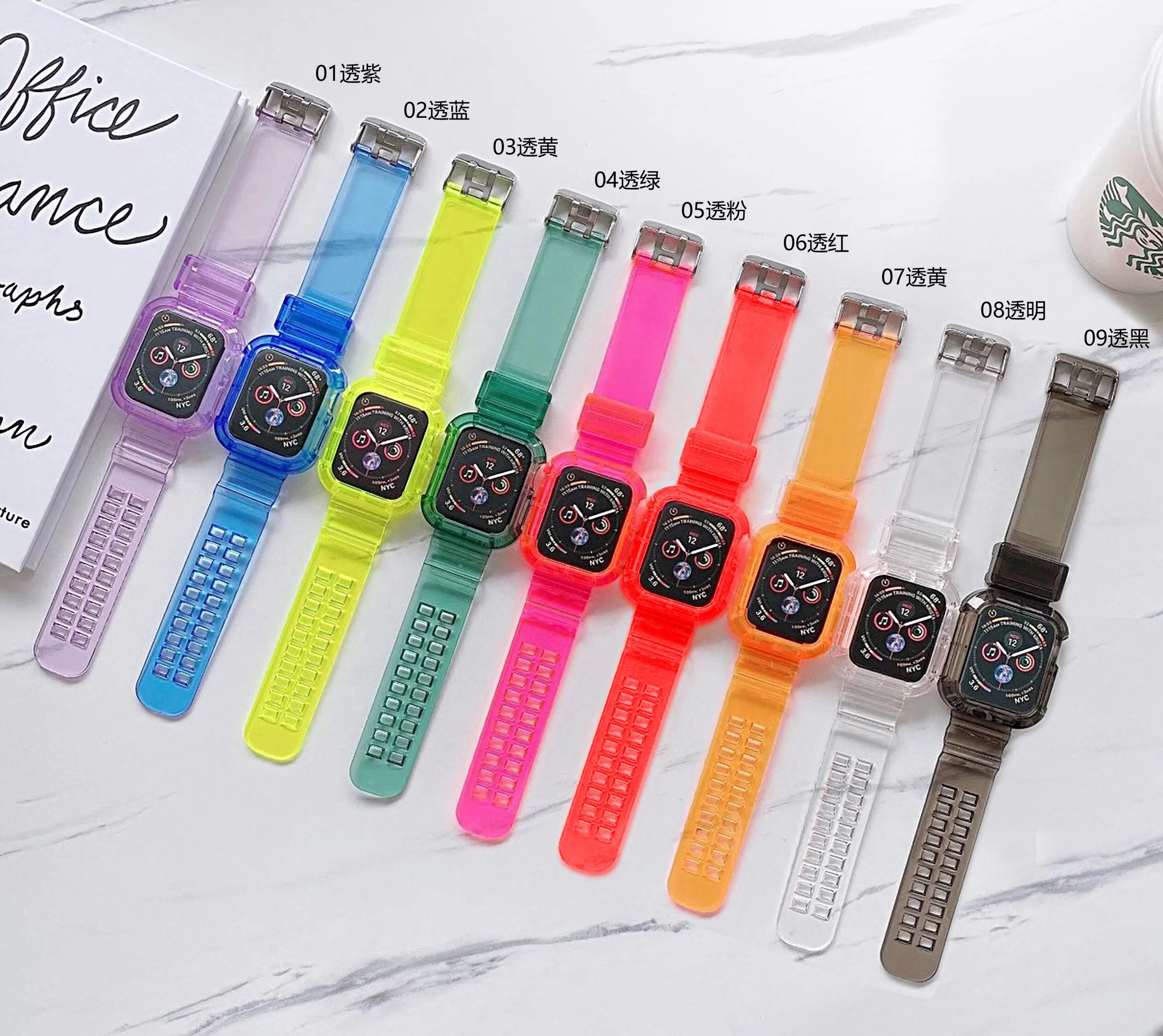 Clear Band + Case for Apple Watch Series 8 7 6 SE 5 4  45mm 44mm 42mm 41mm Transparent for iwatch 3 2 38mm 40mm rubber Strap