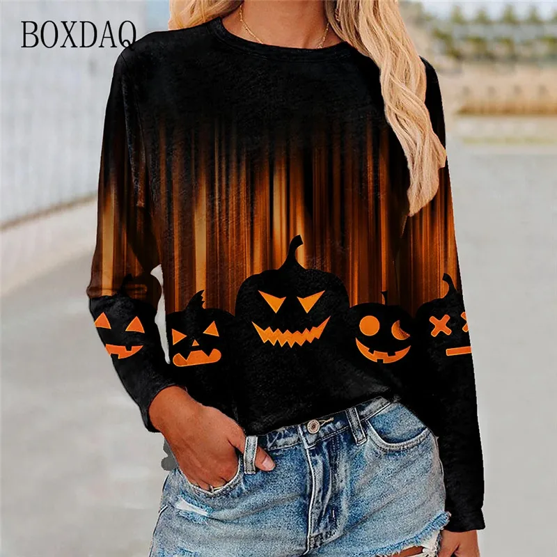 Horror Pumpkin Halloween Style Women T-shirts Long Sleeve Cotton 3d Print Street Hip Hop Ladies Tees 6XL Plus Size Casual Tops