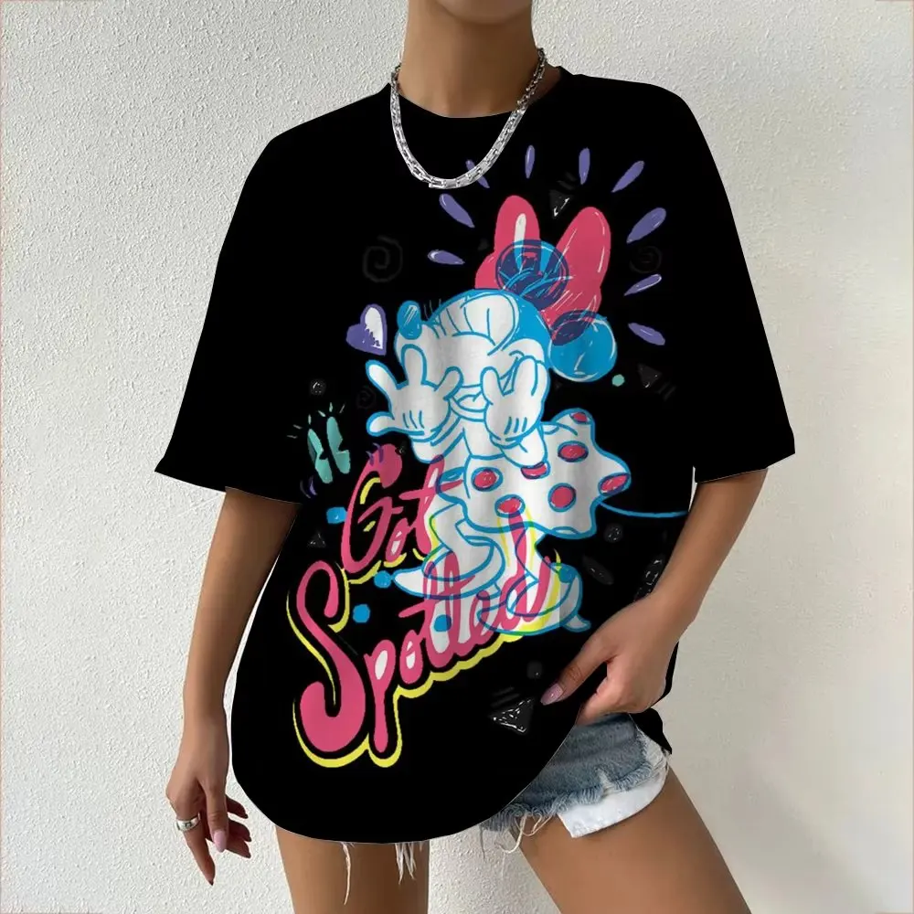 المرأة تي شيرت ديزني ميكي ميني ماوس لطيف الكرتون طباعة الصيف عادية القطن قصير الأكمام المحملة موضة الشارع الشهير Y2k القمم