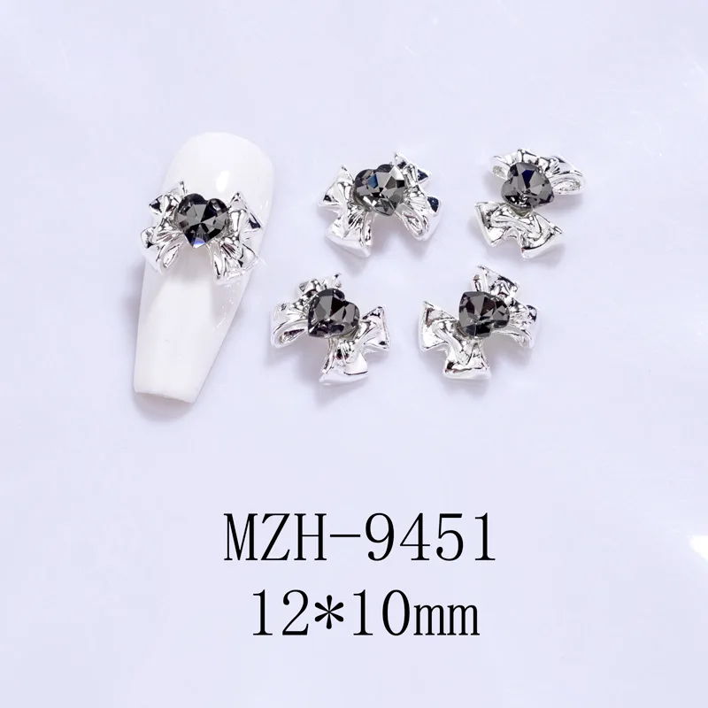 10pcs Alloy Bow Tie Nail Art Charm 3D Silvery Red Colorful Diamond Bowknot Nail Decor Parts DIY Cute Sweet Nail Accessories