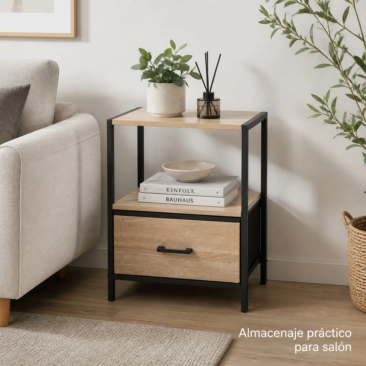 Table de chevet industrielle avec tiroir et étagère ouverte, unité de rangement beige en fer et bois pour chambre ou salon, meuble d'appoint organisateur 42,5x30x55cm