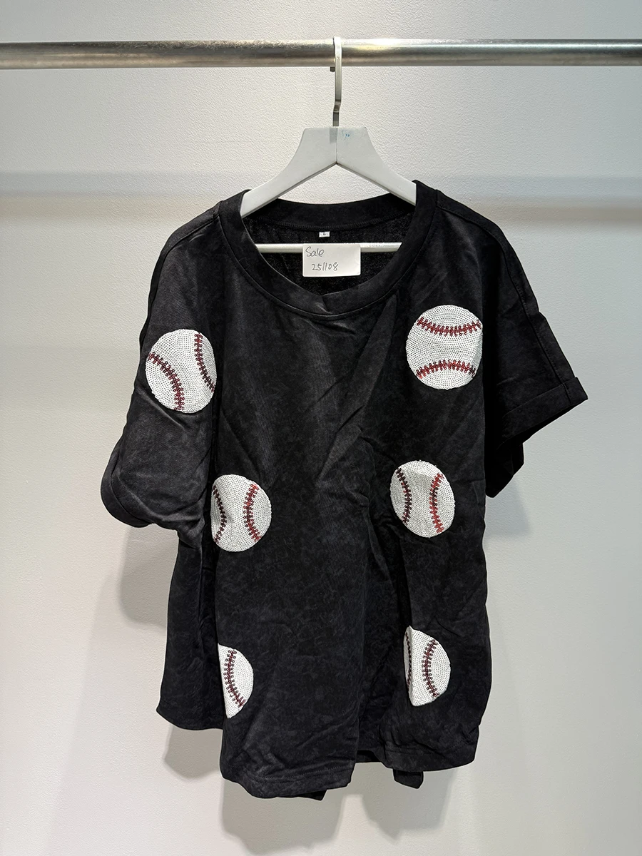 Fashion Baseball Sequins Short Sleeve Tees Women Summer Casual Loose O-neck Black Tops Vintage Streetwear Chic Y2K T-shirts