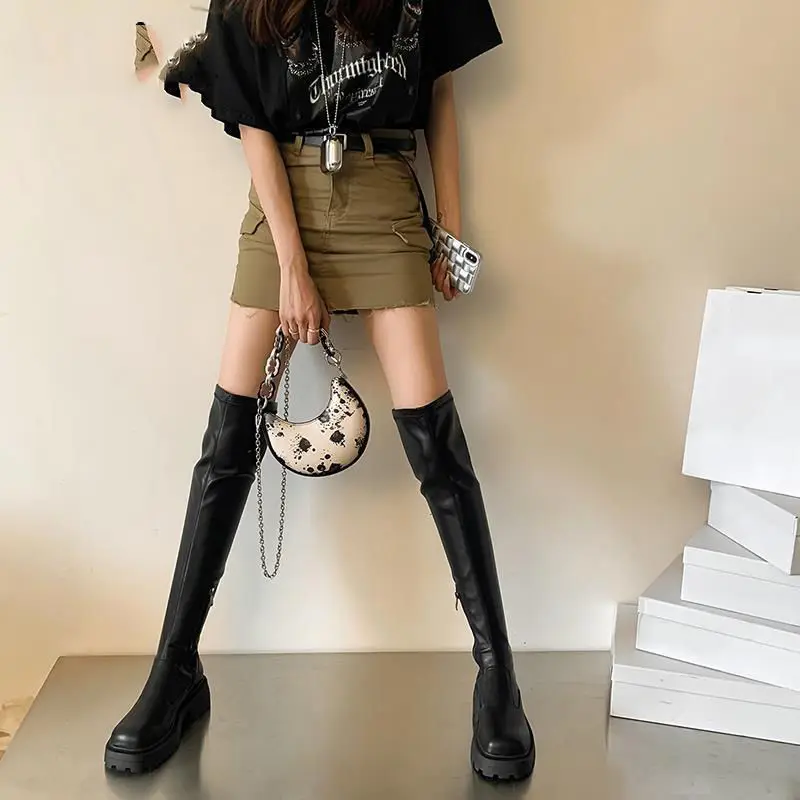 

​Women's 2025 Spring Autumn Over The Knee Boots Black Thick Leg Stretchy Slimming Platform Square Toe High Shaft Fashion Boots​