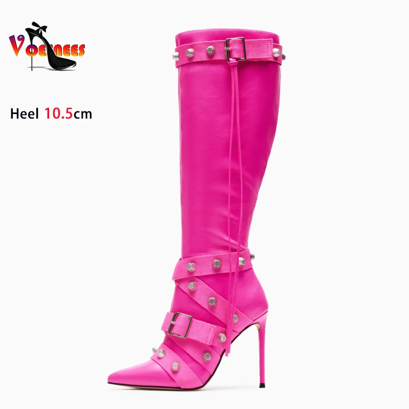 2024 New Women Long Boots Europe and America Style Buckle Side Zip Rivet Shoes 10.5CM Stiletto Heels Pointed Toe Knee High Boots