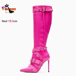 2024 New Women Long Boots Europe and America Style Buckle Side Zip Rivet Shoes 10.5CM Stiletto Heels Pointed Toe Knee High Boots