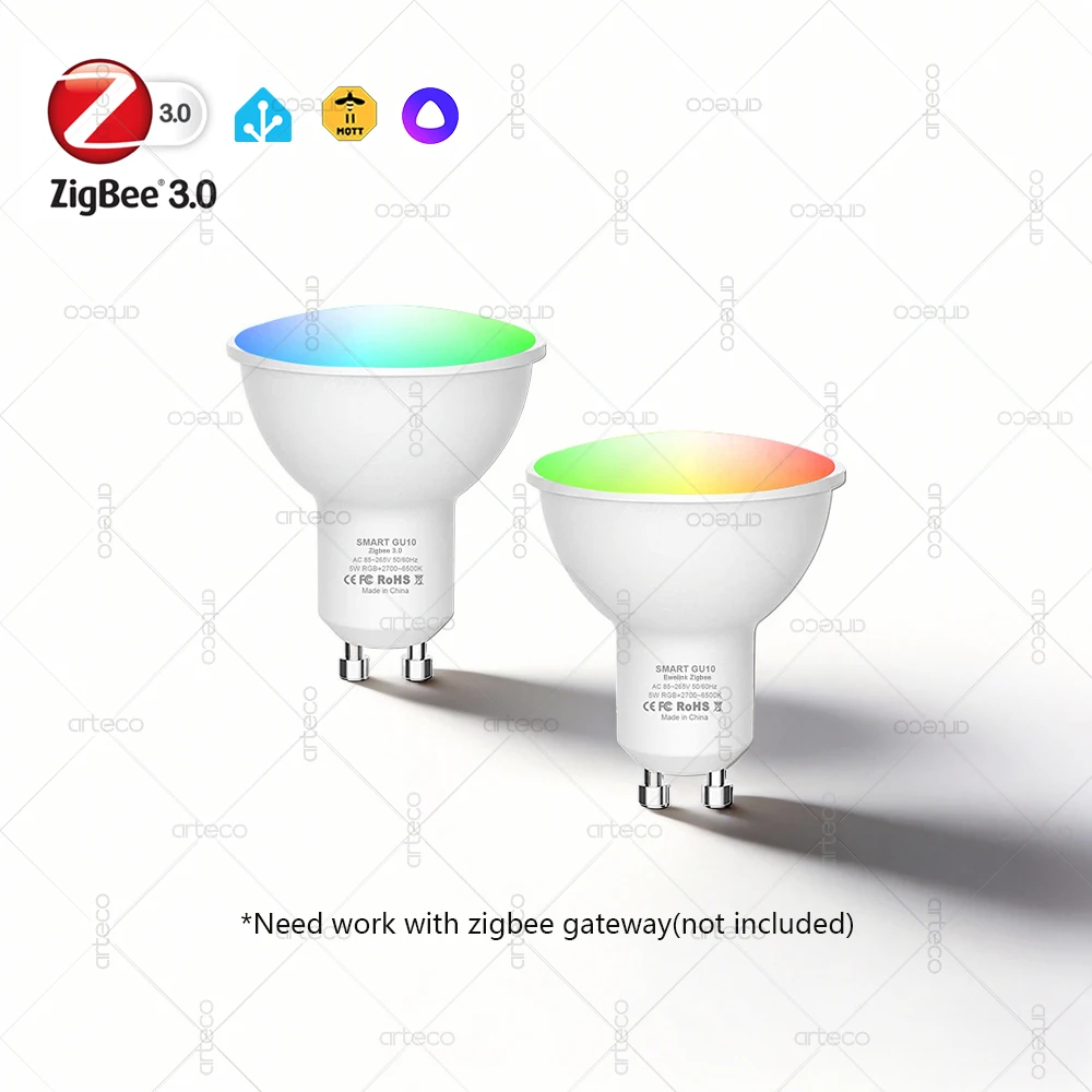 

Светодиодные лампы GU10 Zigbee, умные светодиодные лампы RGBCW, дистанционное управление через приложение, светодиодный прожектор, требуется шлюз, работает с Zigbee2MQTT, Alexa Echo