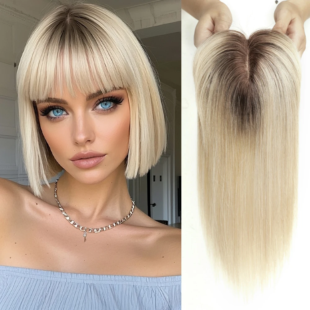 

100% Remy Human Hair Toppers with Bangs Blonde Ombre Hair Pieces Silk Base Clip in Topper Top Hairs for Women with Thinning Hair