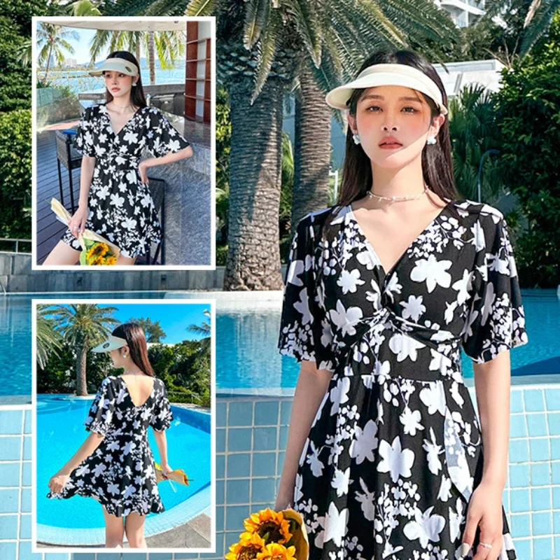 Korean Plus Size One Piece Swimsuit Women Skirt  Floral Print Short Sleeved V-neck Beach Swimwear Hot Spring Suit Summer