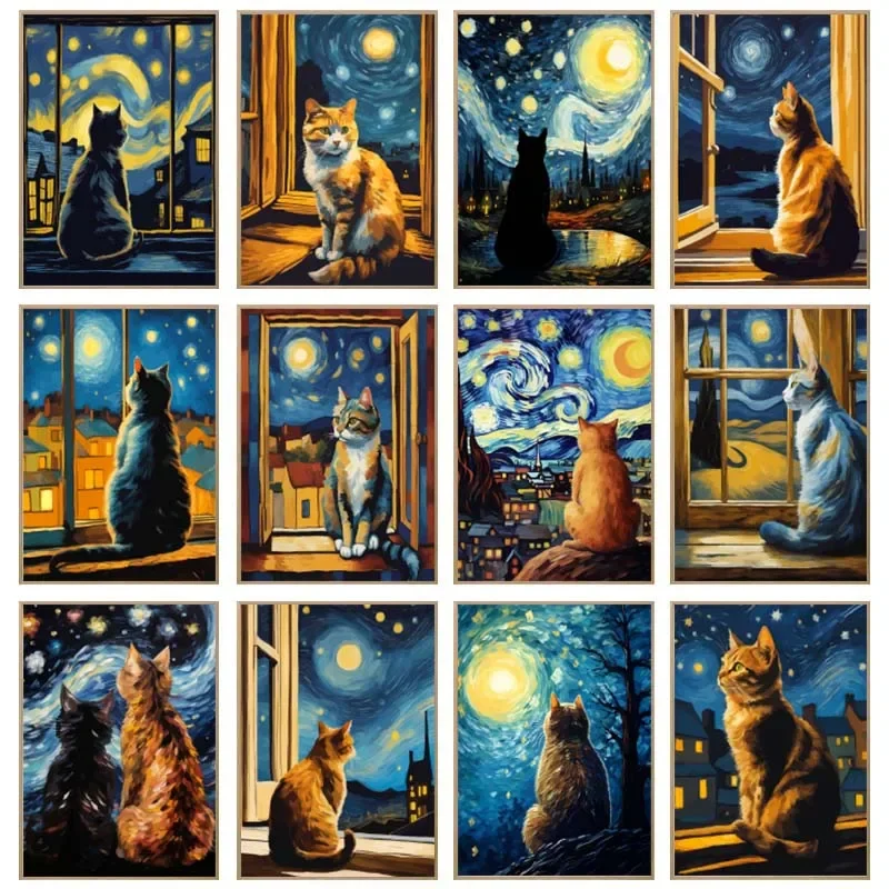 The Starry Night Style Romantic Black Cat Couple Van Gogh Art Animal Diamond Painting Star Sky Art Poster Home Decoration