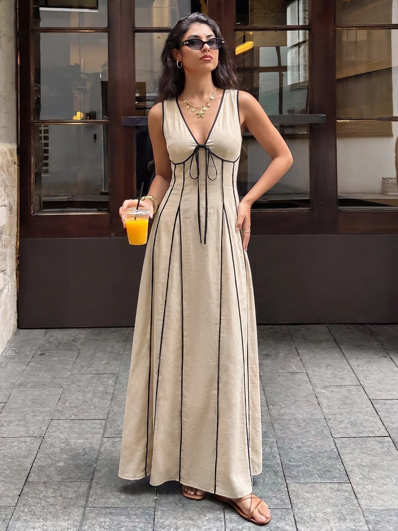 2026 New Color Blocking Sleeveless Elegant Summer Dress Women Chic V-neck Lace-up Maxi Dress Female Holiday Party Dress Vestdios