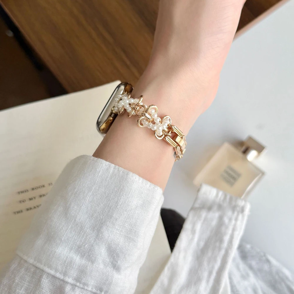 Correa de acero inoxidable para mujer para Apple Watch Ultra 2/1 49mm 10 9 8 7 42mm 46 44 45mm correa de perlas para IWatch 6 5 4 SE 38 40 41mm