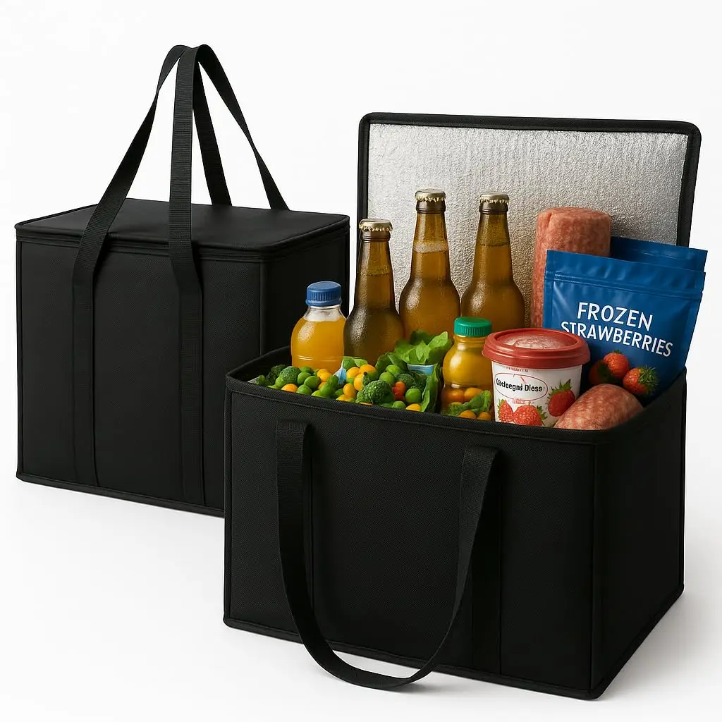 

2-Pack XL Insulated Grocery Bags, Thermal Zipper, Collapsible Tote Cooler for Food Transport Hot and Cold