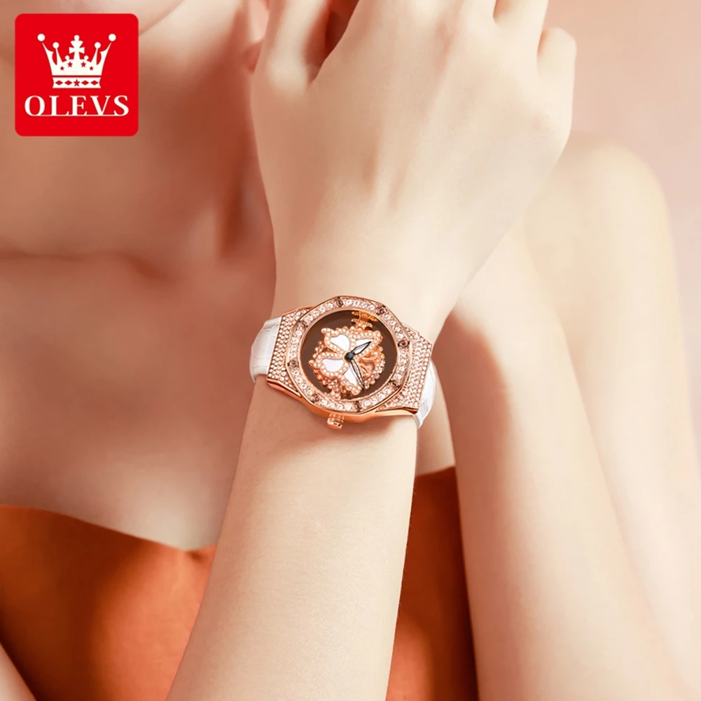 OLEVS Brand Elegant Lady Watch Butterflies Can Rotate Leather Strap Quartz Women Watch Waterproof Bracelet Necklace Gift Box Set