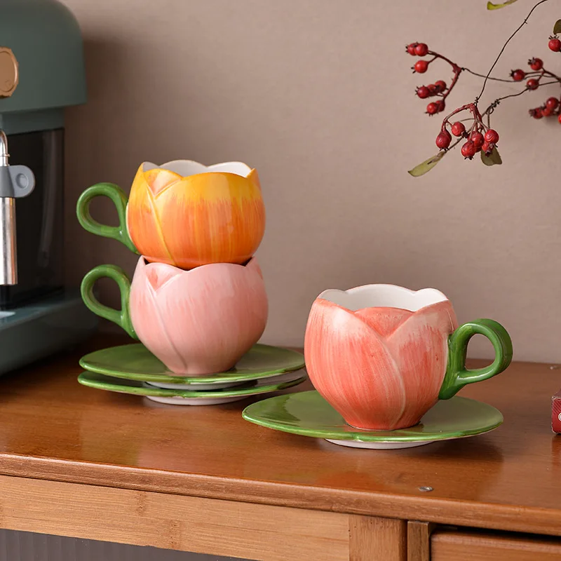 

2025 Tulip Flower Shaped Cup&saucer Dining Table Coffee Mug Delicate Porcelain Mugs Afternoon Tea Teacup Fruit Juice Container