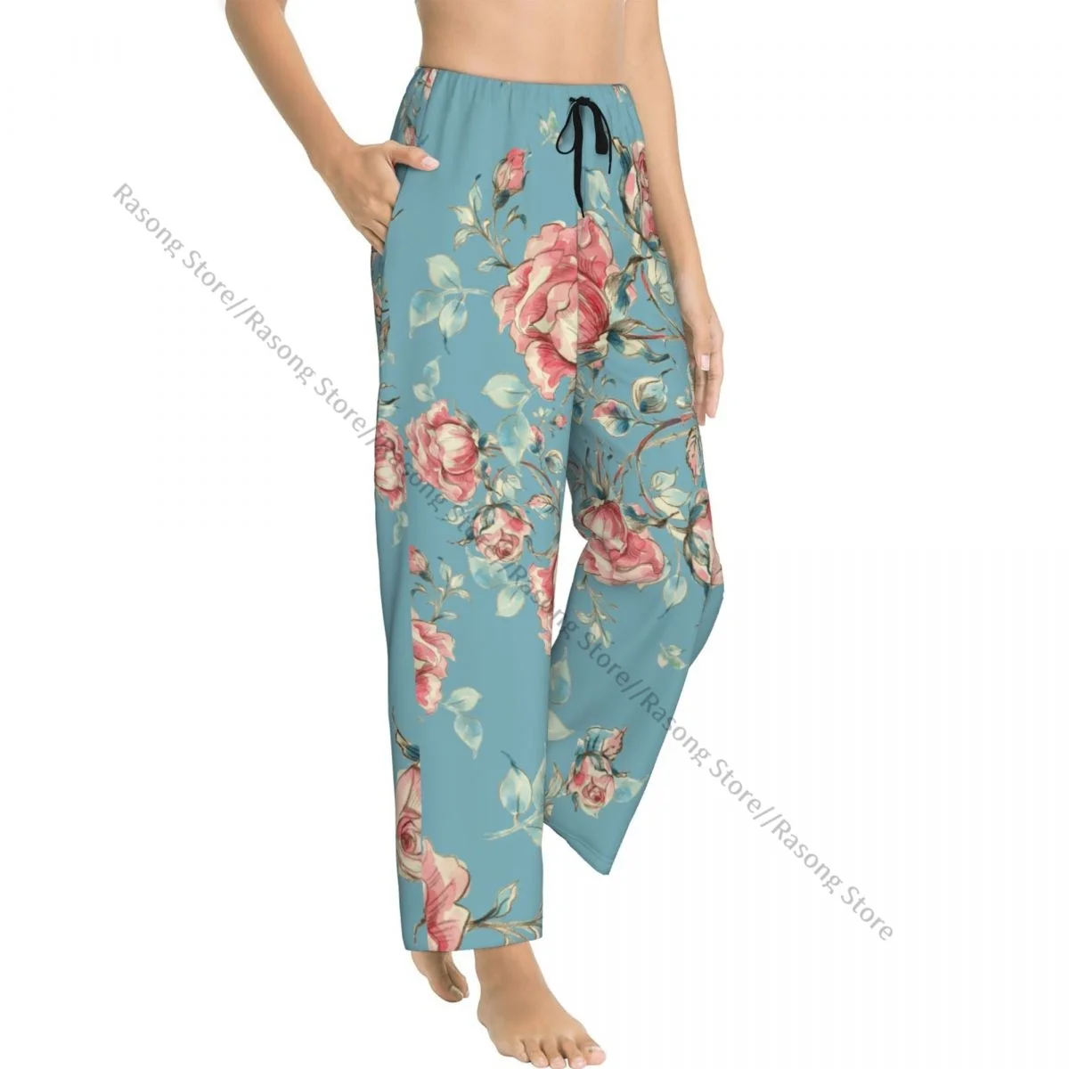 Vintage Roses Women Sleep Pants Warm Flannel Lounge Pants for Winter Nights