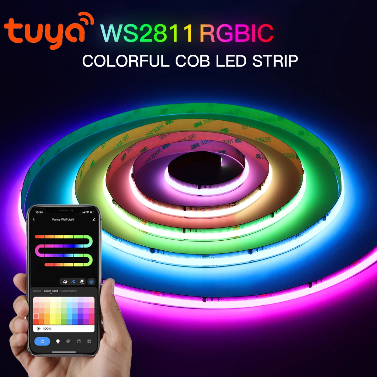 10mm Wifi LED Strip Lights 12V 576LEDs/M Music Sync RGBIC COB WS2811 IC Dreamcolor Chasing Rope Light Strip Tape for Tuya Smart