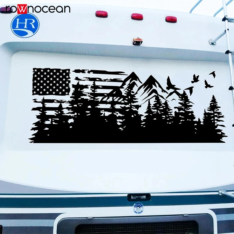 Camper RV Decal American Flag Vinyl Graphics, Adventure Awaits Sticker, Mountains Snow Tops Travel Sign  E979