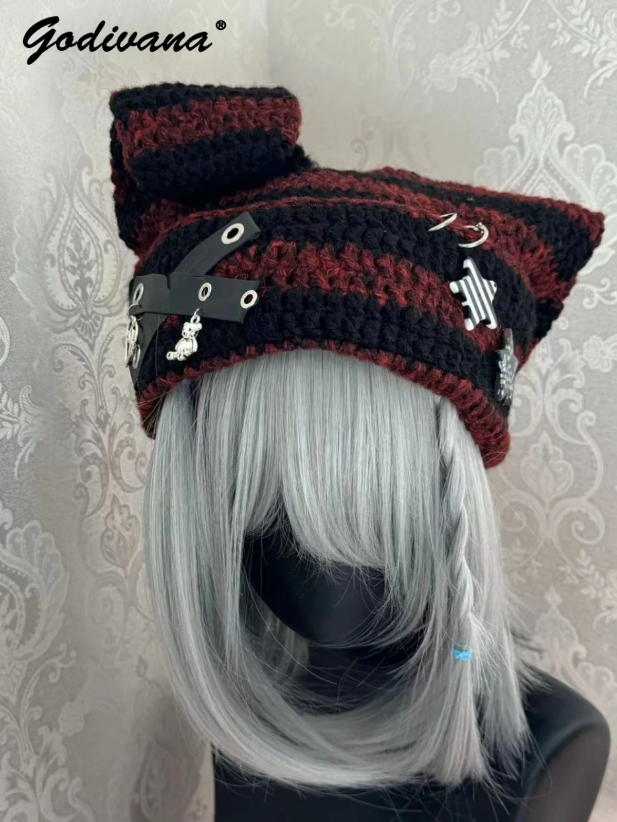 Spice Girl Subculture Striped Rabbit Ear Hat Y2K Girl Cute Warm Lop Ear Rabbit Hat Sweet Cool Y2K Women's Winter Knitted Hats