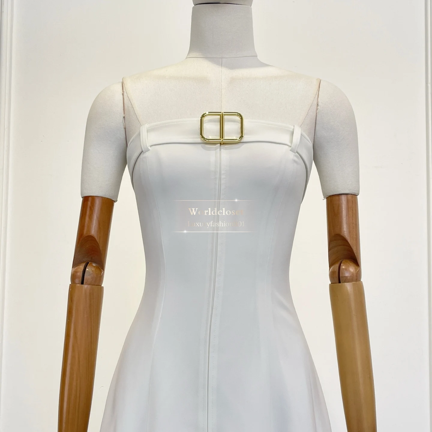 

White Strapless Gold Square Buckle Fitted Waist Flared Hem Midi Dress