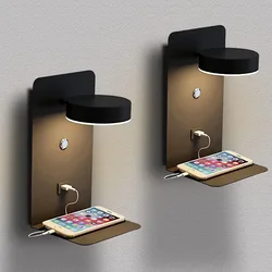 LED Wall Lamp with Switch and USB Charging Port Modern 9W Black White Aisle Bedroom Bedside Art Lighting Decoration Wall Lights