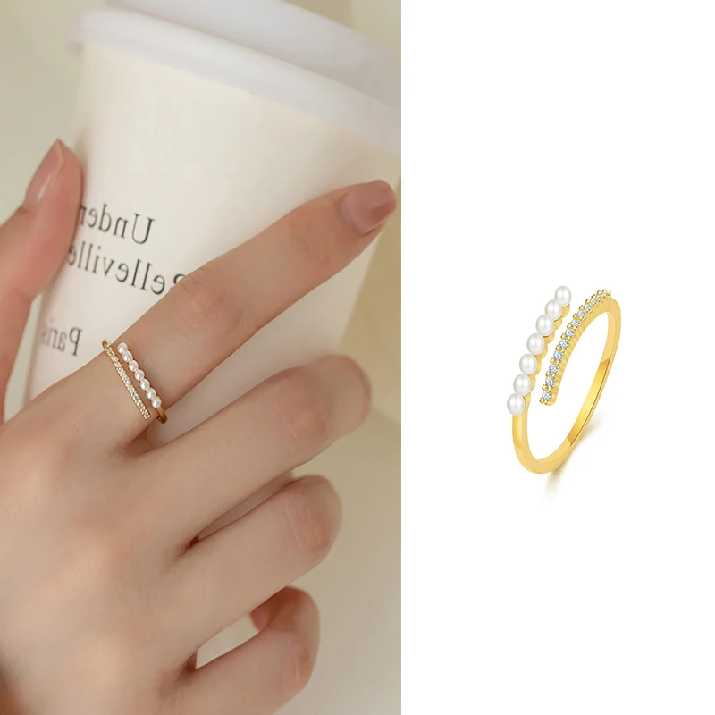 S925 Silver Row Pearl Diamond Ring Japanese Micro INS Style Inlaid Zircon Opening Fashion Luxury Adjustable Index Finger Ring