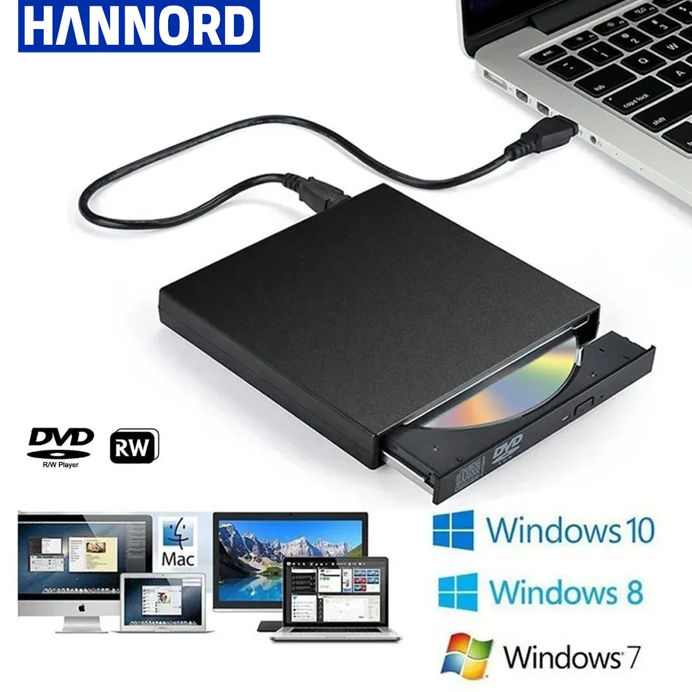 Hannord USB 2.0 Portable External DVD Optical Drive CD/DVD-ROM RW Player Burner Slim Reader Recorder Portatil for PC Laptop