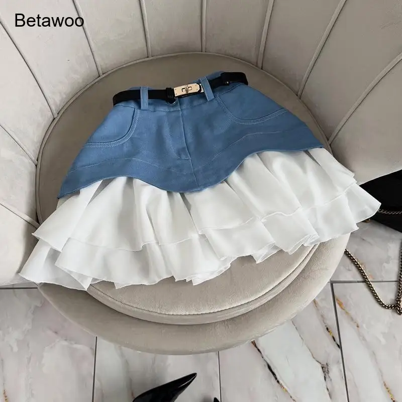 Women Beige Layered Mini Skirt with Belt High Waist Ruffled A Line Casual Elegant Preppy Style Skort