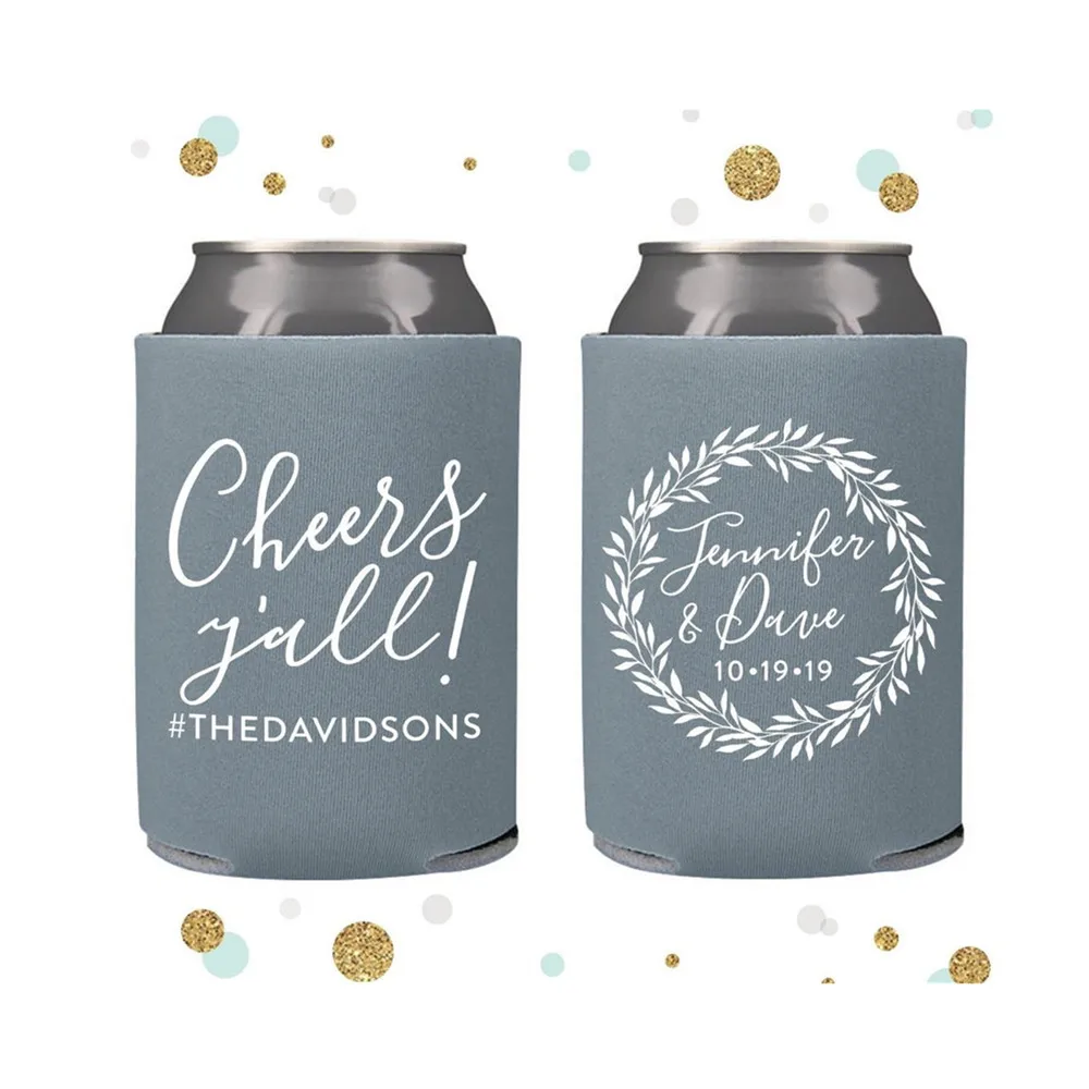 

Monogram Wreath - Wedding Can Cooler #124R - Cheers Y'All - Personalized and Custom - Wedding Favors, Beverage Insulators, Beer